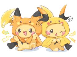  cloak cosplay fang hood hood_up hooded_cloak kana_(maple926) lightning_bolt_symbol mega_raichu_x mega_raichu_x_(cosplay) mega_raichu_y mega_raichu_y_(cosplay) no_humans one_eye_closed open_mouth pichu pokemon pokemon_(creature) pokemon_focus pokemon_legends:_z-a raichu simple_background skin_fang smile white_background 