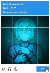  1boy alternate_universe antenna_hair artist_name aubrey_(faraway)_(omori) aubrey_(omori) basil_(faraway)_(omori) basil_(omori) blonde_hair blue_eyes blue_sweater body_switch bright_pupils captcha cardigan closed_mouth green_cardigan hand_cursor highres long_sleeves looking_at_viewer omori personality_switch scar scar_on_face scar_on_hand scar_on_neck short_hair solo sweater white_pupils zoewillowz 