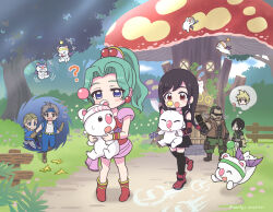  +++ 3girls 4boys ? asami_yutori bare_shoulders barret_wallace black_hair black_skirt black_thighhighs blonde_hair blue_eyes blue_headband blush boots brown_vest cloud_strife commentary_request dark-skinned_male dark_skin dress earrings edgar_roni_figaro elbow_gloves facial_hair final_fantasy final_fantasy_vi final_fantasy_vii final_fantasy_vii_ever_crisis full_body gloves green_hair green_sweater grey_hair handcannon headband high_ponytail holding in-franchise_crossover jewelry locke_cole long_hair looking_at_another miniskirt moogle motion_lines multiple_boys multiple_girls mushroom notice_lines open_mouth outdoors parted_bangs ponytail portal_(object) red_boots red_dress red_eyes short_hair shoulder_pads single_earring skirt spiky_hair sunglasses sweater swept_bangs terra_branford thigh-highs tifa_lockhart twitter_username vest yuffie_kisaragi zettai_ryouiki 