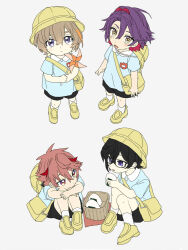  4boys aged_down basket black_hair blue_shirt brown_hair child flat_color food full_body fura_kanato hat highres kindergarten_uniform loafers male_focus matsuhago multiple_boys nijisanji onigiri pink_hair purple_hair school_hat seraph_dazzlegarden shikinagi_akira shirt shoes short_hair shorts simple_background sitting standing violet_eyes virtual_youtuber voltaction watarai_hibari weather_vane white_background yellow_background yellow_bag yellow_hat yellow_shoes 