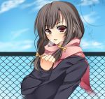  black_hair bow breath bust cloud coat fence hair_bow izayoi_kaname leaning_back long_hair looking_at_viewer open_mouth original red_eyes scarf sky solo 