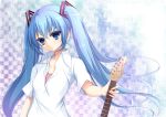  1girl blue_eyes blue_hair checkered checkered_background electric_guitar guitar hatsune_miku instrument long_hair solo twintails vocaloid yatsu_(sasuraino) 