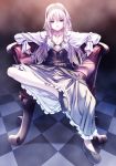  blonde_hair blue_eyes bra chair checkered checkered_floor feet_on_chair flat_chest hairband jewelry knife light_smile long_hair multiple_belts necklace original outstretched_arms rezi sitting smile solo spread_arms triple_wielding underwear 