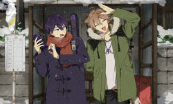  2boys brown_hair cellphone coat fur-trimmed_jacket fur_trim fushimi_gaku green_jacket hand_up hashtag-only_commentary highres holding holding_phone jacket jewelry kenmochi_touya looking_at_another magatama magatama_necklace male_focus matsuhago multiple_boys necklace nijisanji open_clothes open_jacket outdoors phone ponytail purple_coat purple_hair red_scarf scarf shirt short_hair short_ponytail smartphone smile snowing virtual_youtuber white_shirt winter winter_clothes 