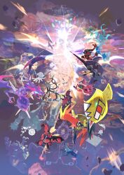  1boy 1girl 2girls 6+others antennae artist_name bewear blacephalon blue_hair buzzwole celesteela claws decidueye disembodied_head e_volution elio_(pokemon) everyone falling flute flying guzzlord highres incineroar insect_wings instrument kartana lillie_(pokemon) looking_at_another lunala lycanroc lycanroc_(dusk) multiple_girls multiple_others muscular music naganadel necrozma necrozma_(ultra) nihilego obelisk open_mouth outstretched_arms pheromosa playing_instrument pokemon pokemon_(creature) pokemon_sm pokemon_usum primarina rock selene_(pokemon) silvally singing solgaleo stakataka sunlight tapu_bulu tapu_fini tapu_koko tapu_lele teeth white_mane wings xurkitree 