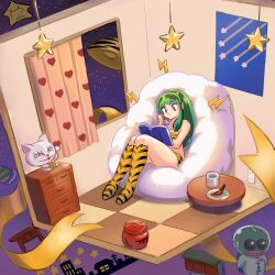  1girl alien animal_print artist_name bikini book boots commentary cone_horns cup curtains electrical_outlet green_hair holding holding_book horns knee_boots lightning_bolt_symbol long_hair lum maneki-neko miz_mus mug pointy_ears poster_(object) print_bikini print_boots reading ribbon saucer sidelocks sitting sky solo space spacesuit star_(sky) starry_sky swimsuit table tiger_print tile_floor tiles urusei_yatsura window 