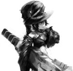  artist_request barmelin_swattis_nolne choker chrome_shelled_regios cleavage_cutout crop_top detached_sleeves drawfag finger_to_mouth hat highres huge_weapon midriff monochrome short_hair weapon witch_hat 