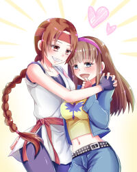  belt black_belt blue_eyes blush braid braided_ponytail brown_eyes brown_hair dead_or_alive denim denim_jacket fingerless_gloves gloves grin hand_up hands_on_another's_shoulders headband heart highres hitomi_(doa) hug jacket jeans long_hair midriff open_mouth pants parted_bangs ponytail purple_pants red_belt red_gloves red_headband ryuuko_no_ken sidelocks smile suzuki32893279 tank_top white_dougi yellow_tank_top yuri yuri_sakazaki 