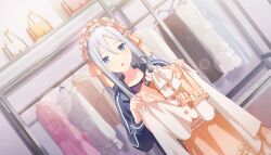 blue_eyes dress long_hair project_sekai silver_hair smile yoisaki_kanade