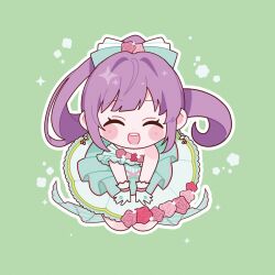  1girl ^_^ aqua_dress aqua_gloves chibi chibi_only closed_eyes commentary dress facing_viewer flower flower-trimmed_dress frilled_dress frills full_body gloves green_background hair_intakes highres link!_like!_love_live! long_hair looking_at_viewer love_live! official_alternate_costume otomune_kozue outline pink_flower pink_rose ponytail purple_hair riarii_(h3c_ms_zzz3) rose sidelocks simple_background single-shoulder_dress solo symbol-only_commentary very_long_hair virtual_youtuber white_outline yume_wazurai 