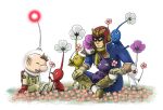  blue_pikmin brown_hair captain_falcon cloud dark_persona f-zero flower gloves helmet multiple_boys multiple_persona naru_(wish_field) olimar pikmin pikmin_(creature) pointy_ears purple_pikmin red_eyes red_pikmin sitting white_pikmin yellow_pikmin 