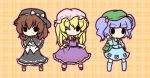  3girls backpack bag blonde_hair blue_hair brown_hair capelet chibi crossed_arms fushigi_ebi hair_bobbles hair_ornament hat hat_ribbon kawashiro_nitori long_hair maribel_hearn multiple_girls outline plaid plaid_background randoseru ribbon smile solid_oval_eyes touhou twintails usami_renko wink 