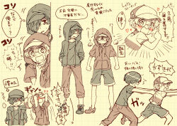  2boys aoya_(ayoyame18) baseball_cap commentary_request drawstring emphasis_lines freckles glasses grid hands_in_pockets hat highres hood hood_up hug jinnai_enta kuji_toi looking_at_another male_focus monochrome multiple_boys multiple_views open_mouth pants peeking pulling round_eyewear sarazanmai short_hair shorts shouting speech_bubble thought_bubble 