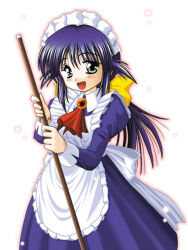  1girl andou_mahoro apron archived_source ascot back_ribbon blue_dress blue_hair blue_sleeves blush bow breasts brooch broom collared_dress commentary_request contrast_collar cowboy_shot dated_commentary dress eyelashes frilled_apron frills gem green_eyes hair_bow hair_tuft holding holding_broom jewelry juliet_sleeves keito_(keito-ya) large_bow large_ribbon light_particles long_dress long_hair long_sleeves looking_at_viewer low-tied_long_hair low_poly mahoromatic maid maid_apron maid_headdress medium_breasts ponytail puffy_sleeves red_ascot red_gemstone ribbon sidelocks simple_background sleeve_cuffs solo waist_ribbon white_apron white_background white_headdress white_ribbon wing_collar yellow_bow 