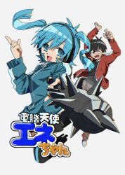  1boy 1girl basash1 black_hair blue_eyes blue_hair blue_jacket bokusatsu_tenshi_dokuro-chan chromatic_aberration club_(weapon) ene_(kagerou_project) facial_mark headphones highres holding holding_weapon jacket kagerou_project kisaragi_shintarou long_hair long_sleeves looking_at_viewer parody short_hair skirt smile spiked_club style_parody thigh-highs track_jacket twintails weapon white_background 
