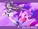  bike_shorts character_name circlet flower fuchi_minoru gloves long_hair magical_girl midriff milky_rose mimino_kurumi navel open_mouth precure purple purple_background purple_eyes purple_hair serious shoes shorts_under_skirt skirt solo violet_eyes yes!_precure_5 