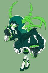  black_rock_shooter bridal_veil dead_master dress frills glasses green-framed_glasses green_background green_dress green_eyes green_hair horns simple_background solo veil wings 