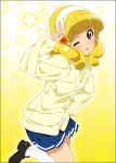  ;p blonde_hair blush cardigan hairband kise_yayoi kneehighs looking_at_viewer mizuki_makoto pleated_skirt precure school_uniform short_hair skirt smile_precure! solo star sweater tongue v white_legwear wink yellow_eyes 