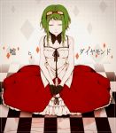  bad_id bare_shoulders breasts cleavage closed_eyes detached_collar dress eyelashes eyes_closed gloves goggles goggles_on_head green_hair gumi hiro_satochi lie_and_diamond_(vocaloid) payot red_string short_hair sitting solo string translation_request uso_to_diamond_(vocaloid) vocaloid 