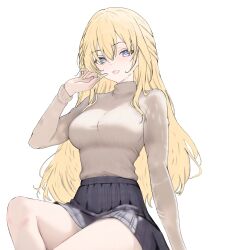  1girl absurdres blonde_hair blue_eyes breasts half_updo highres large_breasts long_hair looking_at_viewer neptune_(series) open_mouth skirt smile solo sweater vert_(neptunia) yoshi_mcswagger 