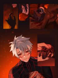  1boy 1girl alternate_costume black_hair blood blood_on_face closed_mouth commentary_request cosplay dark_persona dark_sakura dark_sakura_(cosplay) fate/grand_order fate/stay_night fate_(series) fujimaru_ritsuka_(male) heaven&#039;s_feel highres holding_hands looking_at_another lying matou_sakura red_eyes short_hair smile tachie_(fate) tsukikusa_ao twitter_username white_hair 