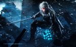  admira_wijaya bodysuit cyborg electricity epic glowing glowing_eyes helmet highres male metal_gear metal_gear_rising:_revengeance metal_gear_solid metal_gear_solid:_rising ninja official_art raiden red_eyes science_fiction snow storm sword weapon white_hair wreckage 