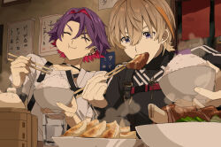  2boys bacon black_shirt bowl brown_hair chopsticks closed_eyes closed_mouth colored_inner_hair eating food fura_kanato hair_between_eyes hair_intakes hashtag-only_commentary highres holding holding_chopsticks long_sleeves male_focus matsuhago multicolored_hair multiple_boys nijisanji plate purple_hair rice_bowl shirt short_hair turtleneck turtleneck_shirt two-tone_hair violet_eyes virtual_youtuber watarai_hibari white_shirt 
