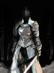  1girl armor breastplate commentary_request cowboy_shot dark_souls_(series) dark_souls_ii faulds full_armor gauntlets helm helmet holding holding_shield holding_sword holding_weapon kasutank knight pauldrons shield shoulder_armor solo sword throne_watcher weapon 