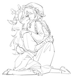  1girl 1other alternate_costume animal_ears antlers apron cheek-to-cheek commentary deer_antlers deer_ears deer_girl deer_tail deltarune enmaided frilled_apron frills furry furry_female hashtag-only_commentary hat heads_together hooves horns hug kneeling kris_(deltarune) long_sleeves maid maid_apron maid_headdress noelle_holiday sketch tail utdr_(toby_fox) yokuyo 