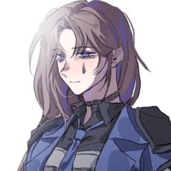  1girl armor black_choker black_shirt blue_coat blue_eyes blue_necktie brown_hair choker closed_mouth coat collared_shirt e.g.o_(project_moon) ideal_u_u limbus_company long_hair looking_at_viewer necktie parted_bangs project_moon rodion_(project_moon) shirt shoulder_armor simple_background solo teardrop_facial_mark the_sword_sharpened_with_tears_(e.g.o) upper_body white_background 
