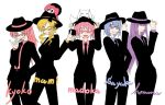  blonde_hair blush charlotte_(madoka_magica) drill_hair formal glasses hat kaname_madoka kyubey long_hair mahou_shoujo_madoka_magica miki_sayaka multiple_girls ponytail rara red_hair redhead sakura_kyouko short_hair suit tomoe_mami 