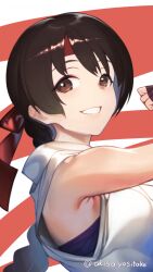  1girl akisa_yositake armpits artist_name brown_eyes brown_hair fingerless_gloves gloves headband looking_at_viewer smile solo spandex the_king_of_fighters yuri_sakazaki 