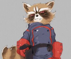  1boy animal_ears belt_bag blue_shirt blush closed_mouth colored_sclera fang fang_out furry furry_male gloves grey_background guardians_of_the_galaxy highres looking_at_viewer male_focus marvel mike831g raccoon_boy raccoon_ears raccoon_tail red_gloves red_sclera rocket_raccoon shirt smile tail whiskers 