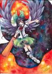  arm_cannon artist_name black_hair dated feathered_wings highres long_hair mosho red_eyes reiuji_utsuho skirt smile solo third_eye touhou traditional_media weapon wings 