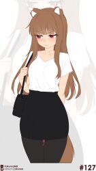  animal_ear_fluff animal_ears blunt_bangs brown_hair fang highres holo likunea long_hair red_eyes spice_and_wolf tail wolf_ears wolf_girl wolf_tail 