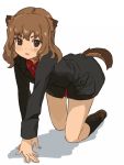  all_fours animal_ears blush brown_eyes brown_hair character_request fernandia_malvezzi looking_at_viewer open_mouth shiba_murashouji short_hair solo strike_witches tail uniform 