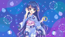  1girl :d blue_background blue_eyes blue_flower blue_hair blue_kimono cowboy_shot dot_nose film_grain floral_print floral_print_kimono flower futaba_shiho game_cg hair_flower hair_ornament hands_up holding holding_jewelry holding_ring izumi_tsubasu japanese_clothes jewelry kimono long_hair looking_at_viewer mole mole_under_mouth non-web_source obi official_art open_mouth print_kimono purple_flower purple_sash re:stage! ring sash smile solo sparkle_background two-tone_flower very_long_hair water_yoyo white_flower yukata 