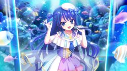  1girl :d aquarium beret blue_bow blue_corset blue_eyes blue_hair blue_necktie blue_sailor_collar blue_skirt blurry blurry_foreground bow clownfish collarbone corset cowboy_shot dot_nose film_grain fish fish_request frilled_sailor_collar frills futaba_shiho game_cg hands_up hat hat_bow holding holding_microphone idol idol_clothes izumi_tsubasu layered_skirt lens_flare long_hair looking_at_viewer microphone mole mole_under_mouth multicolored_skirt necktie non-web_source official_art ok_sign open_mouth pink_skirt purple_corset purple_skirt re:stage! sailor_collar see-through_skirt_layer skirt smile solo sparkle tilted_headwear two-tone_corset two_side_up very_long_hair white_hat white_skirt 