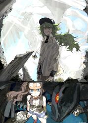  1boy 1girl bangle baseball_cap black_vest blue_eyes blue_sky bracelet breasts brown_hair closed_mouth collared_shirt colored_sclera cutoffs denim denim_shorts dragon exposed_pocket gomibaketsu3 green_hair grin hair_between_eyes hat high_ponytail highres hilda_(pokemon) jewelry long_hair n_(pokemon) open_clothes open_mouth open_vest pants poke_ball_print pokemon pokemon_(creature) pokemon_bw ponytail red_eyes red_sclera reshiram rubble shirt short_shorts shorts sidelocks sky smile vest void_cube white_fur white_shirt wristband zekrom 
