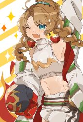  1girl ;d arm_up blue_eyes boxing_gloves braid brown_hair coat cowboy_shot fang highres low_twin_braids midriff ms_r_r navel one_eye_closed open_mouth reverse:1999 shirt shorts sleeveless sleeveless_shirt smile solo sparkle spathodea_(reverse:1999) twin_braids white_coat white_shirt white_shorts 