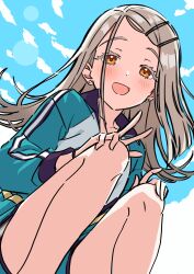  1girl :d aqua_jacket aqua_shorts blonde_hair blue_sky clouds collarbone colored_eyelashes commentary_request earrings flipped_hair from_below gakuen_idolmaster gradient_hair grey_hair hands_on_own_knees highres idolmaster jacket jewelry kousuke0912 long_sleeves looking_at_viewer looking_down multicolored_hair multicolored_jacket open_mouth orange_eyes outdoors parted_bangs shinosawa_hiro shorts sky smile solo squatting stud_earrings track_jacket v white_jacket wristband 
