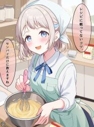  1girl absurdres apron blue_eyes blue_ribbon blush collared_shirt commentary_request crouching_start gakuen_idolmaster grey_hair headscarf highres holding holding_whisk idolmaster indoors katsuragi_lilja kitchen looking_at_viewer mixing_bowl neck_ribbon open_mouth ribbon shirt short_hair smile solo sparkle speech_bubble translation_request whisk whisking white_headscarf white_shirt 