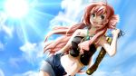  1920x1080 :d adapted_costume aqua_eyes bare_shoulders boots casual dutch_angle florence_(artist) highres holding holding_shoes long_hair looking_at_viewer megurine_luka midriff navel open_mouth outdoors over_shoulder pink_hair shorts sky smile solo sun unbuttoned unzipped vocaloid wallpaper 