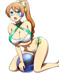  annoyed aquarion_(series) aquarion_evol ball bare_shoulders beachball bikini blue_eyes blush breast_hold breasts brown_hair cleavage criss-cross_halter glasses hairu halter_top halterneck kneeling large_breasts long_hair mix_(aquarion) navel ponytail shiny shiny_skin solo swimsuit 