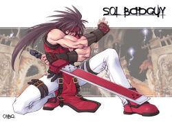  arc_system_works belt belt_buckle biceps black_belt black_gloves brown_hair buckle castle character_name commentary_request fighting_stance fingerless_gloves fireseal full_body gloves gold_buckle guilty_gear headband holding holding_sword holding_weapon impasto jacket korean_commentary lapels left-handed leg_belt long_hair male_focus muscular muscular_male nose on_one_knee orebalgum pants red_carpet red_headband red_jacket red_shoes ruins shoes sleeveless sleeveless_jacket sol_badguy solo spiky_hair straight_hair sword weapon web_address white_pants 
