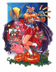  1boy 2girls absurdres animal arm_up artist_name back_bow bat_(animal) black_cape black_eyes black_hair blonde_hair blue_bow blue_bowtie blue_eyes blue_hairband bow bow_hairband bowtie box bracelet cameo cape cape_hold closed_mouth club_(weapon) colored_sclera commentary crime_crackers dokidoki_vampire fangs figure flying_saucer footwear_bow full_moon gift gift_box green_bow green_bowtie green_ribbon hair_bow hairband hakushaku_(dokidoki_vampire) highres holding holding_figure holding_gift holding_mallet isabella_(dokidoki_vampire) jack-o&#039;-lantern jewelry kokomahi long_hair looking_at_viewer low-tied_long_hair lucy_(dokidoki_vampire) mallet michael_(dokidoki_vampire) miniskirt moon multiple_girls night notice_lines official_art open_mouth orange_shirt pencil_skirt pig pink_hair pleated_skirt pointy_ears pumpkin red_bow red_bowtie red_cape red_eyes red_shoes red_skirt ribbon school_uniform shelly_(dokidoki_vampire) shirt shirt_tucked_in shoes short_hair skirt smile socks spacecraft stuffed_animal stuffed_toy teddy_bear tomato tombstone two-sided_cape two-sided_fabric ufo vampire weapon wendy_wilkinson white_shirt white_socks yellow_sclera zombie 
