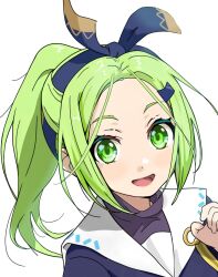  1girl 22/7 blue_shirt bow bow_hairband green_eyes green_hair hair_bow hair_ornament hairband hairclip half_updo high_ponytail highres kiryu_touko looking_at_viewer matsubokkurin227 open_mouth parted_bangs ponytail portrait sailor_collar shirt simple_background solo two-tone_bow two-tone_hairband white_background white_sailor_collar 