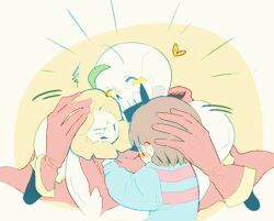  1other 2024 2boys 2d ambiguous_gender armor blue_shirt blush brown_hair cape child closed_eyes digital_media double_horizontal_stripe flower flowey_(undertale) frisk_(undertale) gloves group_hug heart height_difference horizontal-striped_clothes hug human humanoid male monster monster_boy multiple_boys open_mouth papyrus_(undertale) pink_stripes plant red_cape red_gloves shirt short_hair simple_background skeleton striped_clothes striped_shirt taharu_(papiyas) teeth trio two-tone_background two-tone_shirt undead undertale utdr_(toby_fox) white_armor white_background yellow_background yellow_flower 