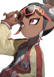  1boy adjusting_eyewear black_hair blue_pupils closed_mouth commentary_request dark-skinned_female dark_skin eyewear_on_head fingernails gradient_hair highres jacket long_sleeves male_focus multicolored_hair octoling octoling_boy octoling_player_character partially_unzipped ponytail red-framed_eyewear red_eyes red_hair red_jacket sharp_fingernails shirt short_hair short_ponytail simple_background solo splatoon_(series) striped_clothes striped_jacket sunglasses tentacle_hair white_background white_shirt yashio_8 yellow_jacket zipper_pull_tab 