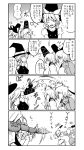  4koma anger_vein bandage bandages bow braid comic dress falconet_dragon from_behind ghost ghost_tail hair_bow hat hat_bow hat_removed headwear_removed highres kirisame_marisa monochrome mononobe_no_futo multiple_girls no_hat no_headwear ponytail rocket_launcher rpg ryuuichi_(f_dragon) soga_no_tojiko tate_eboshi touhou translated translation_request weapon wink witch witch_hat 